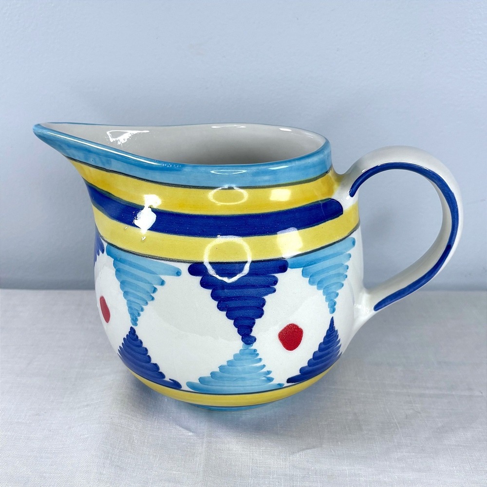 Pier 1 Imports Handpainted Italian Ceramic Pitcher Blue Yellow Geometric Italy